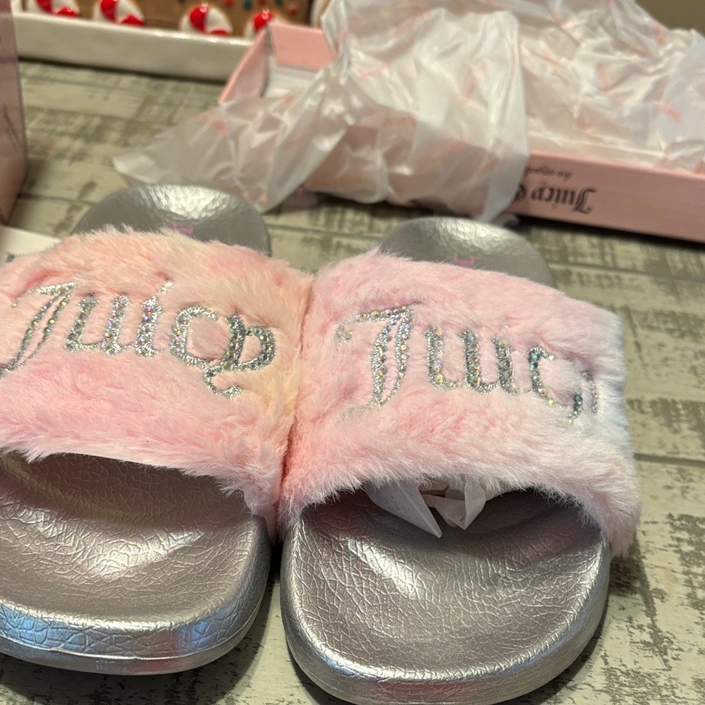 Juicy Couture Pink and Silver Plush Slides